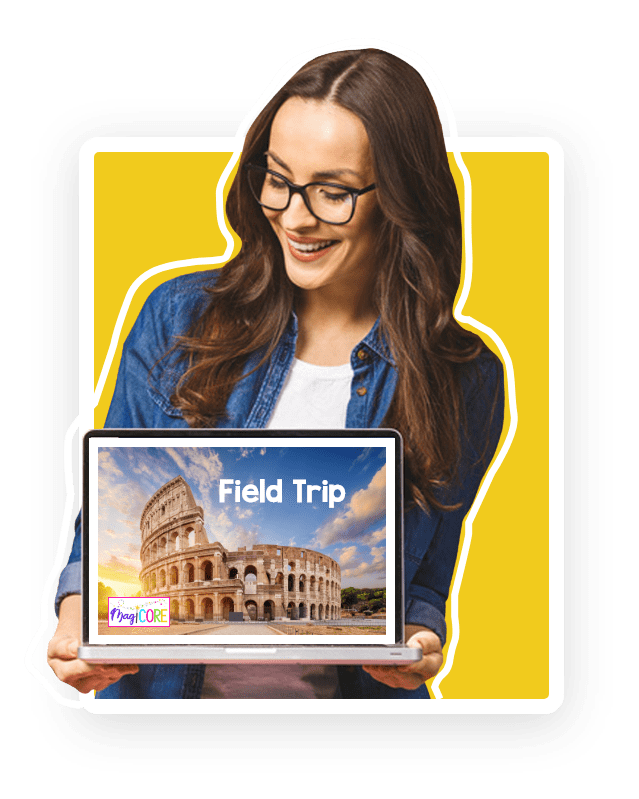 Teacher holding a computer with an image of Rome and the words Virtual Field Trip on the screen